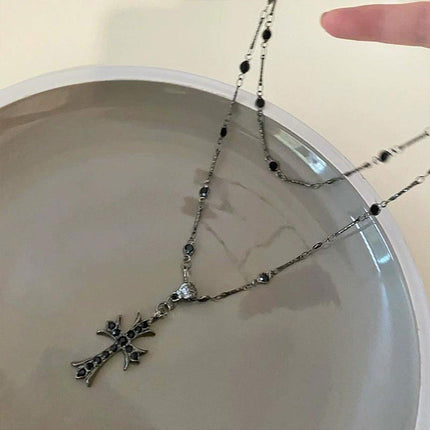 Women Fashion Double Layer Cross Pendant Necklace Retro Casual Sweater Chain