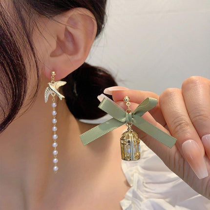 Bird Cage Asymmetrical Earrings Bow Long Fringe Dangle Jewelry Women Fashion