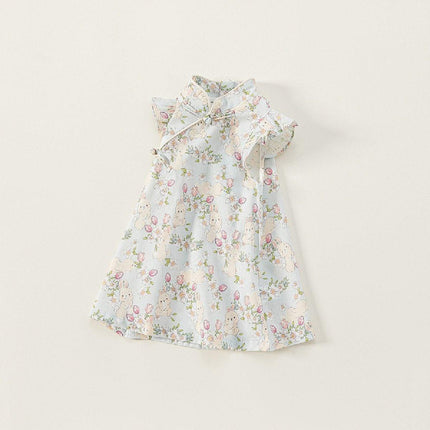 Summer Cheongsam Dresses Girl Stand Collar Flying Sleeves Dresses Rabbit Print