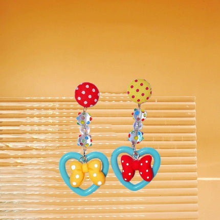 Trendy Bow Earrings Women Cute Peach Ear Clips Dotted Heart Stud Earrings