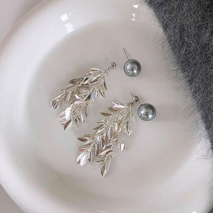 Gray Leaf Tassel Earrings pearl stud Sparkling Fashion Jewelry Women Gifts