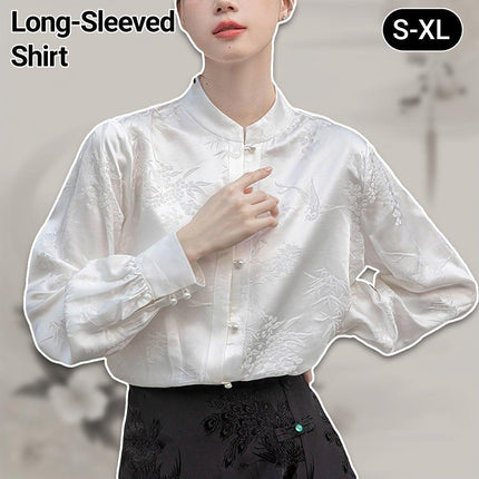 New Spring White Chinese Style Womens Top with Stand Collar Elegant Shirt