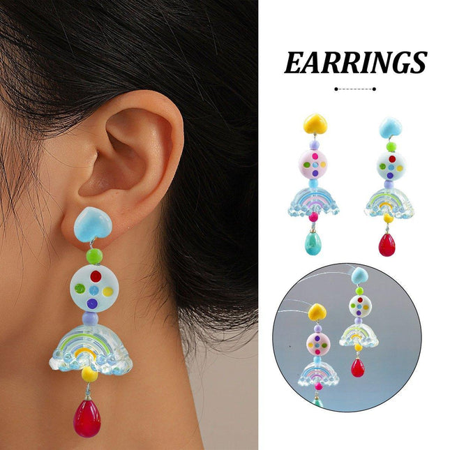Colourful Beaded Resin Love Earrings Asymmetrical Cloud Design Long Jewelry