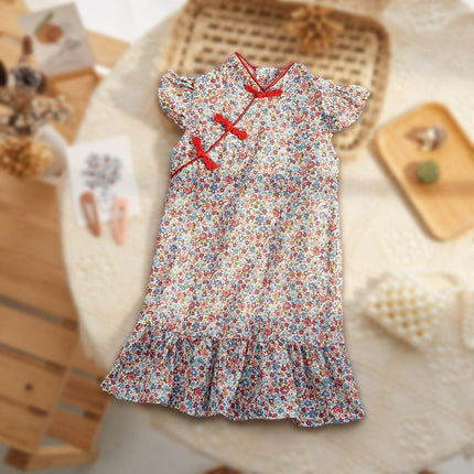 Girls Cheongsam Skirt Floral Dress Traditional Chinese Style Summer Outfit