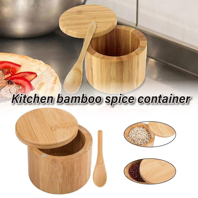 Bamboo Salt Box with Lid Mini Spoon Round Spice Storage Jar Kitchen Utensils Set