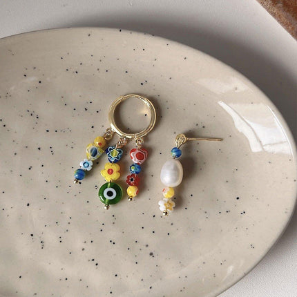 Vintage Asymmetrical Earrings Handmade Floral Glass and Pearl Drop Design for Women