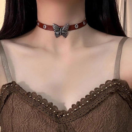 Elegant Brown Leather Butterfly Necklace with Adjustable Strap Stylish Gift
