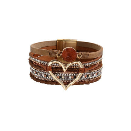 Chic Women's Multi-Color Leather Wrap Bracelet Love Heart Charms Magnetic Clasp - Aimall