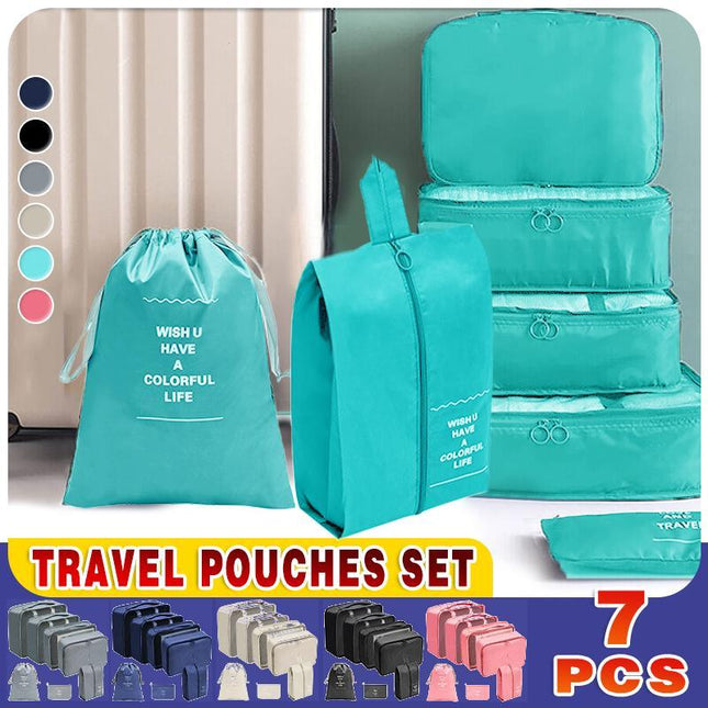 7PCS Travel Packing Cubes Luggage Pouches Organiser Clothes Suitcase Storage Bag - Aimall