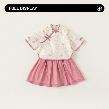 New Chinese Hanfu Girls Floral Two-Piece Pink Cheongsam Half-Skirt Outfit