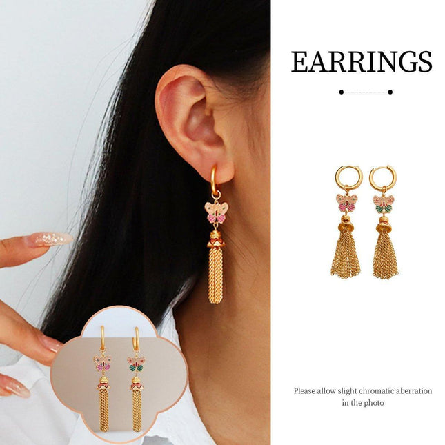 Fashion Retro Color Oil Dropping Butterfly Earrings Tassel Luxury Simple Earring