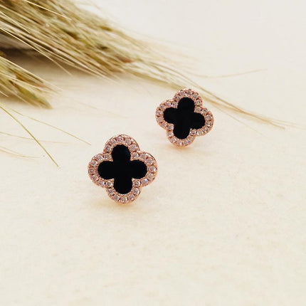 Fashion Flower Four-leaf Lucky Clover Rose Gold White Stud Earring Ladies - Aimall