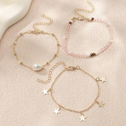 3pcs Pink Star Anklet Set Five-Pointed Star Foot Chain Fringe Jewelry Women