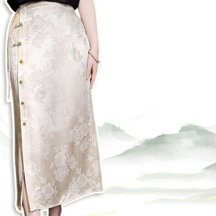 Retro White Cheongsam Style High Waist Slit Skirt for Women