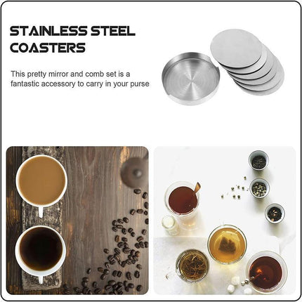 6xStainless Steel Coasters For Drinks With Holder Heat Resistant Cup Mat Pad Set - Aimall