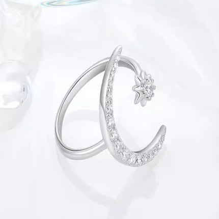 Alloy Star Moon Opening Rings Rhinestone Crescent Couple Ring Women - Aimall