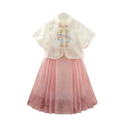 Girls Short Sleeve Dress Chinese Style Skirt Traditional Summer Outfit