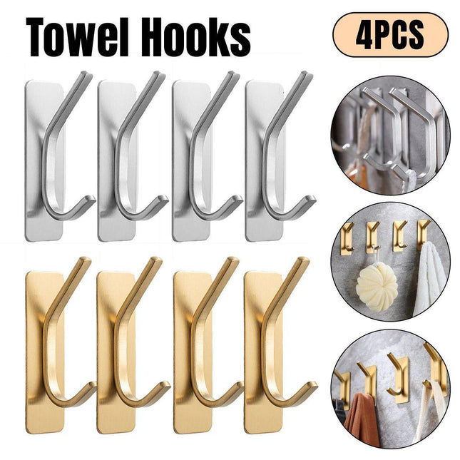4pcs Stainless Steel Adhesive Hook Towel Hook Bathroom Kitchen Door Coat Hook