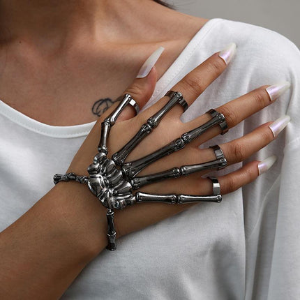 Punk Skeleton Hand Bone Five Finger Ring Bracelet Adjustable Halloween Brace - Aimall