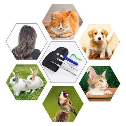 5PCS Pet Flea Tick Removal Tool Set Dog Cat Lice Fork Tweezers Kit Silver Hook