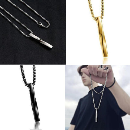 Gold Silver Black Rectangle Pendant Necklace Men Trendy Simple Stainless Chain - Aimall