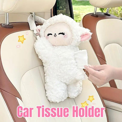 Car Tissue Box Multifunctional Hanging Drawer Box Cartoon Plush Sheep Design