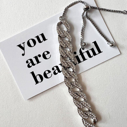 Stylish Silver Cuban Chain Bracelet Rhinestone Peplum Design Women Jewelry
