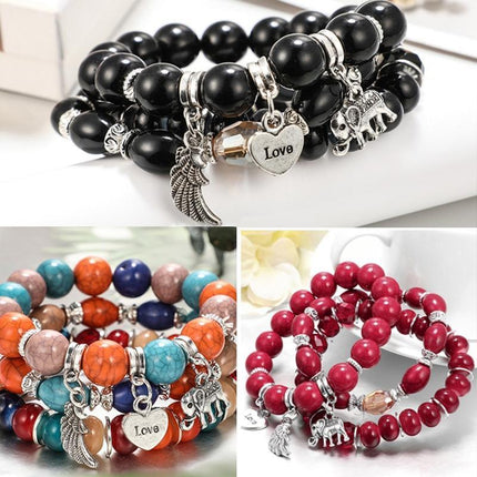 3PC Women's Boho Wooden Natural Stone Beads Tassel Bracelet Set Bodhi Beaded