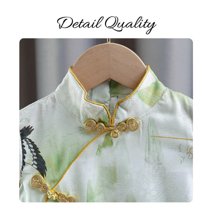 Elegant Floral Traditional Chinese Girl Short-sleeved Cheongsam Dress Outfit