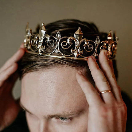 Gold King Crown Alloy Royal King Crown for Men Full Round Crowns Wedding