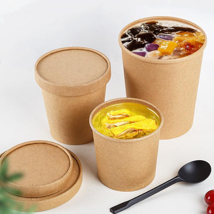 250x Biodegradable Kraft Paper Soup Bucket with Lid Takeaway Tubs Cups - Aimall