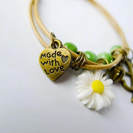 Flower Pendant Waxed Thread Rope Ceramic Beaded Wristband Bracelet Birthday Gift - Aimall