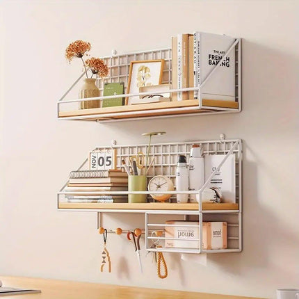 No-Punch Wall Mounted Iron Storage Rack Hanging Shelf for Home Organisation