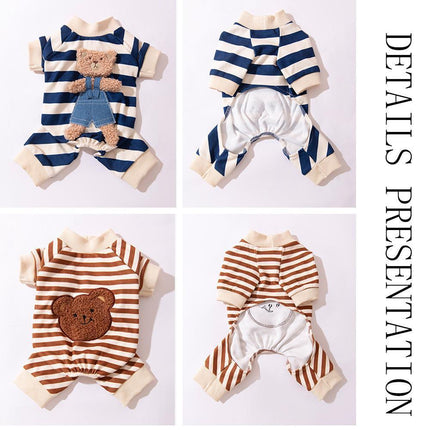 Cute Bear Striped Dog Home Clothes Cat Pet Outfit Cozy Animal Pajamas for Pets