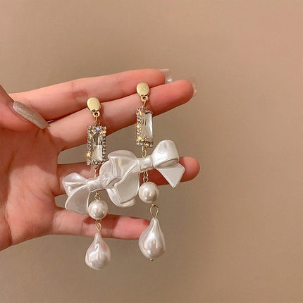 Sweet White Bow Long Earrings for Girls Elegant Fashion Dangle Jewelry Gift