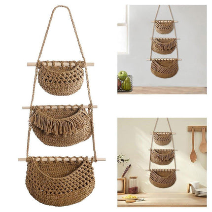 Three Layer Cotton Rope Wall Hanging Basket Door Storage Rack Organizer Bag