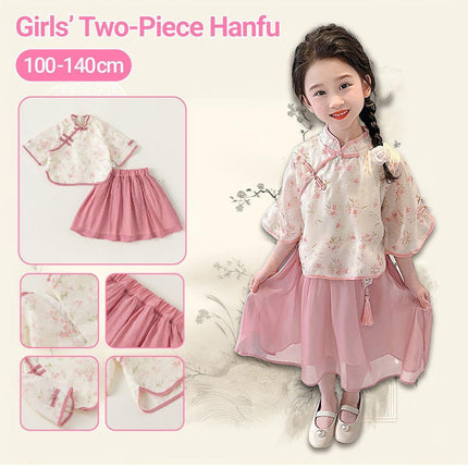 New Chinese Hanfu Girls Floral Two-Piece Pink Cheongsam Half-Skirt Outfit