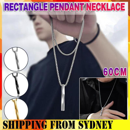 Gold Silver Black Rectangle Pendant Necklace Men Trendy Simple Stainless Chain - Aimall