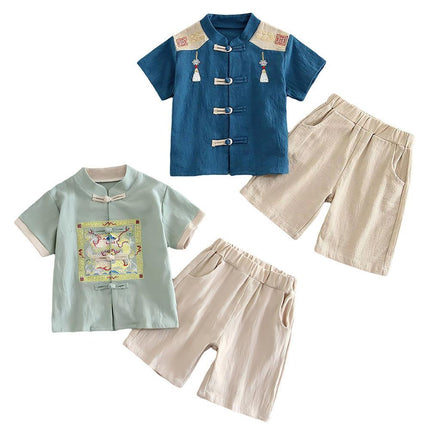 Boys Short Sleeve Suit Chinese Style Hanfu Cotton Linen Thin Two-Piece Set
