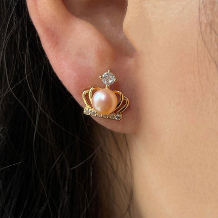 Luxury Crown Imitation Pearl Earrings 5-6mm Needle Studs Elegant Fashion Jewelry