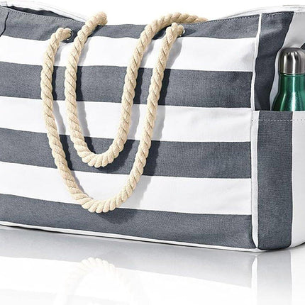 Large Bohemian Striped Canvas Beach Bag Zipper Tote for Travel Outdoor Vacation