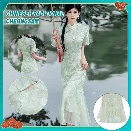 Chinese Traditional Cheongsam Women Lace Embroidered Qipao Evening Dress - Aimall