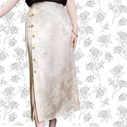 Retro White Cheongsam Style High Waist Slit Skirt for Women