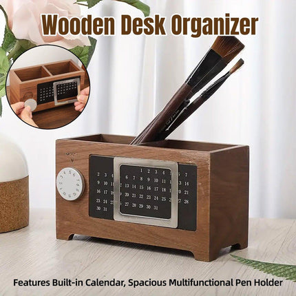 Black Walnut Wood Perpetual Calendar Pen Holder Desktop Organizer Office Storage