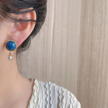 Retro Blue Oil Drop Earrings Fashion Needle Jewellery Elegant Niche Style