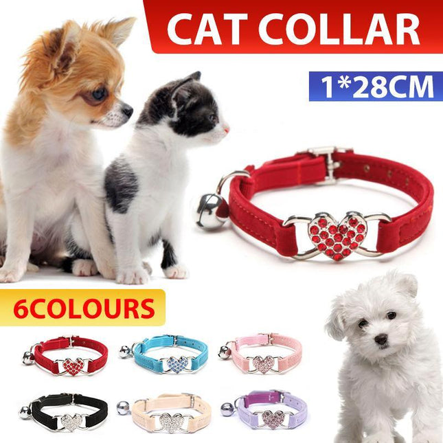 Cat Collar Suede Kitten Pet safety elastic Adjustable Bell Heart Bling Pink blue - Aimall