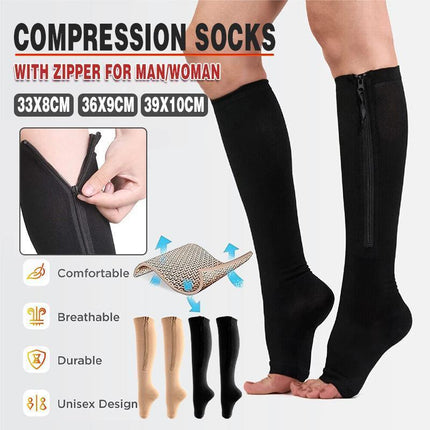 Zip Sox Compression Socks Zipper Leg Support Knee Open Toe Shaper Stockings Black - Aimall