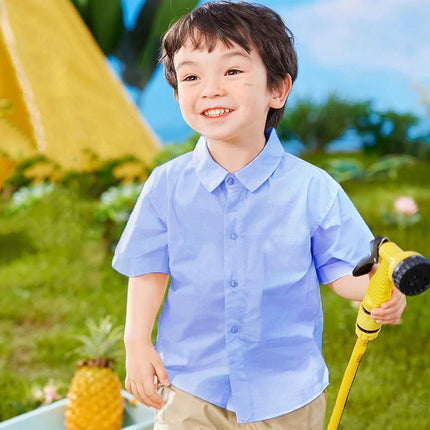 Boys Children's Kids Blue Short Sleeve School Shirt Open Neck With Lay Back Collar - Aimall