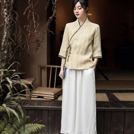 Improved Hanfu Women Cross Collar Chinese Style Retro Tea Art Health Tang Suit