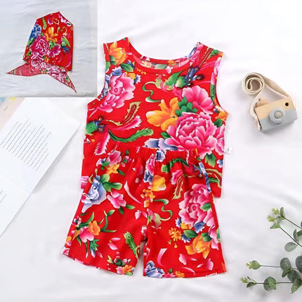 Floral Print Summer Outfit Cotton Vest Shorts and Scarf Three-Piece Set